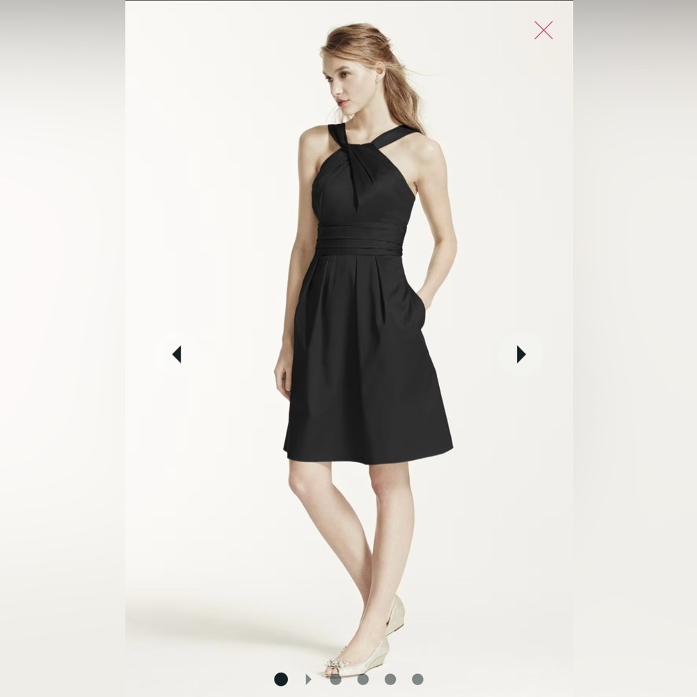 Short black David’s Bridal bridesmaid dress. With pockets.